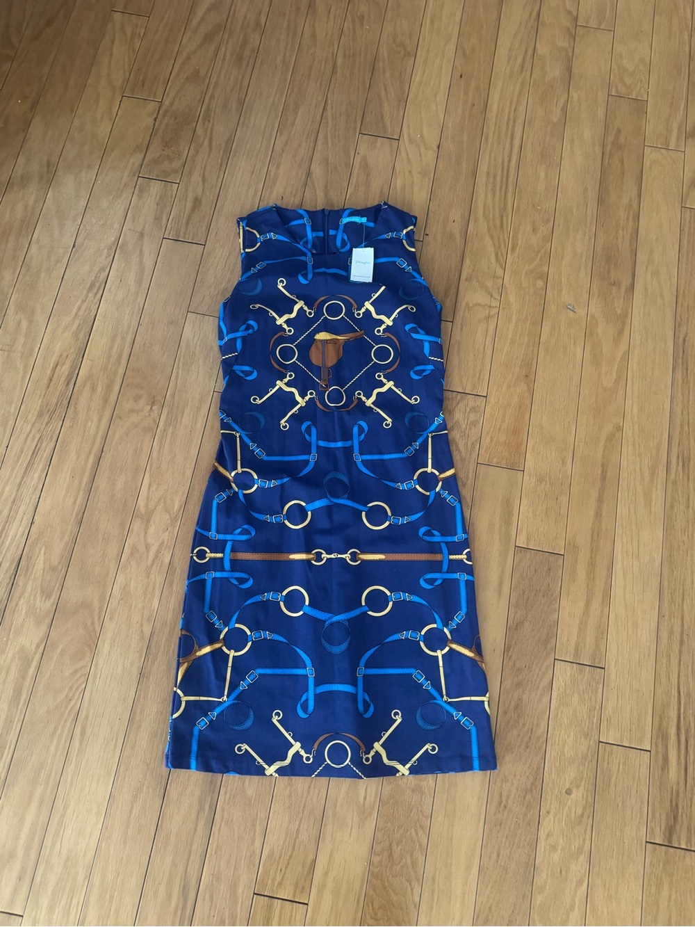 J. McLaughlin Navy and Gold Chain-Print Midi Sheath Dress